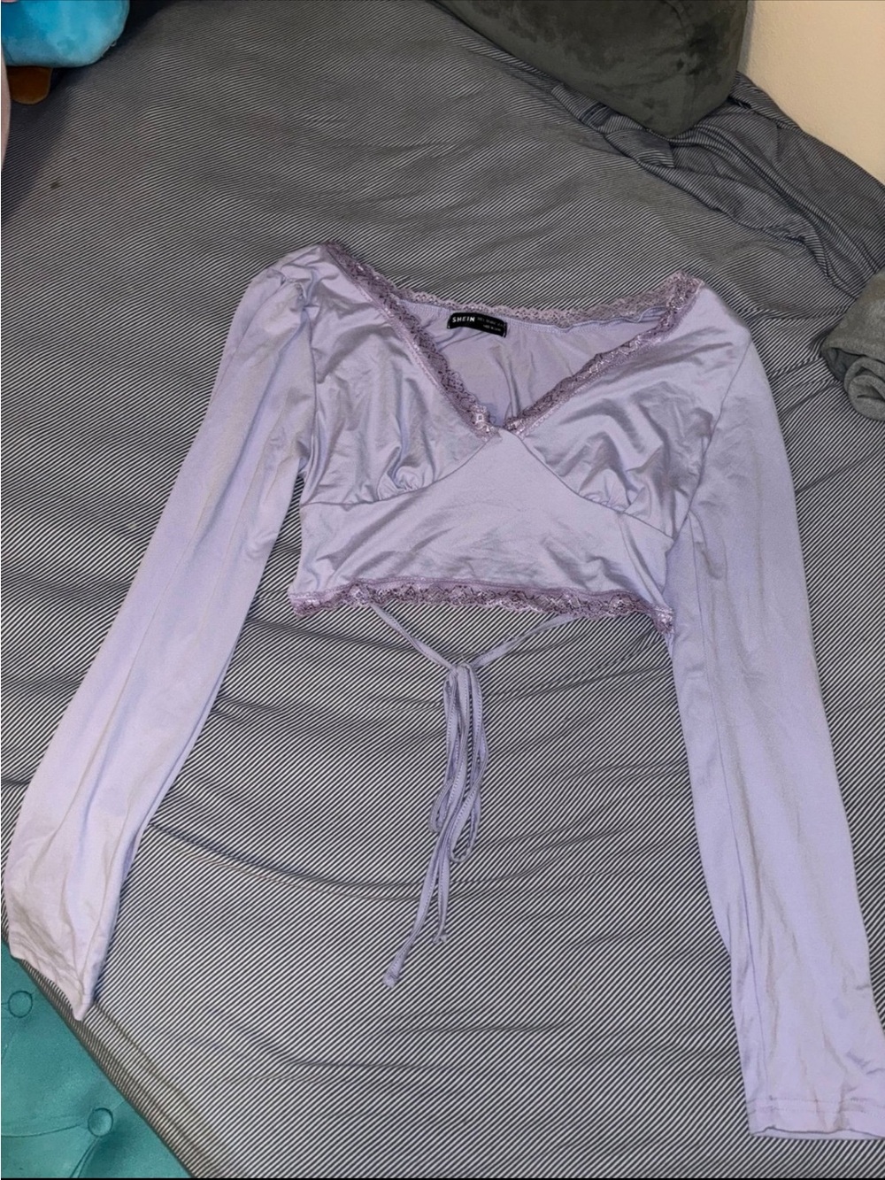 SHEIN Lavender Lace-Trim Wrap Crop Top